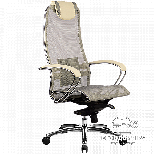 Кресло slim "Нэо" (Сетчатая ткань Бежевая/Кожа NewLeather Бежевая/Хром)-Mt/S-1.02