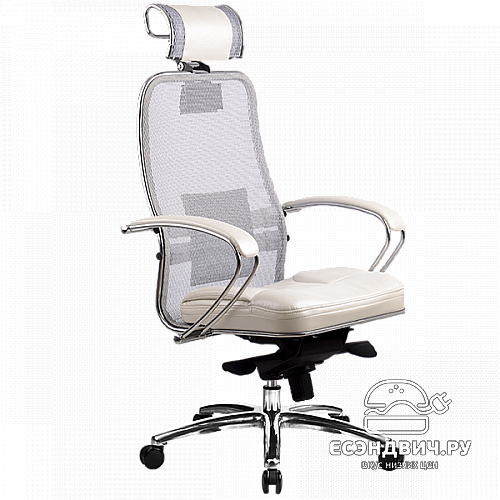 Кресло solo plus "Нэо" (Сетчатая ткань Бело-серая/Кожа NewLeather Белая/Хром)-Mt/SL-2.02