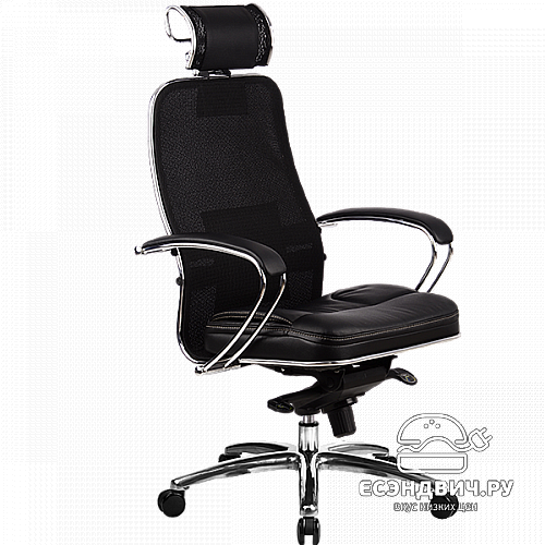 Кресло solo plus "Нэо" (Сетчатая ткань двойная Черная/Кожа NewLeather Черная/Хром)-Mt/SL-2.02