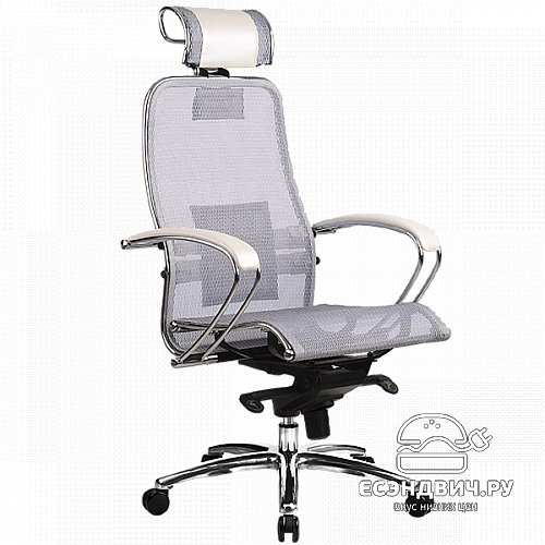 Кресло solo "Нэо" (Сетчатая ткань Бело-серая/Кожа NewLeather Белая/Хром)-Mt/S-2.02