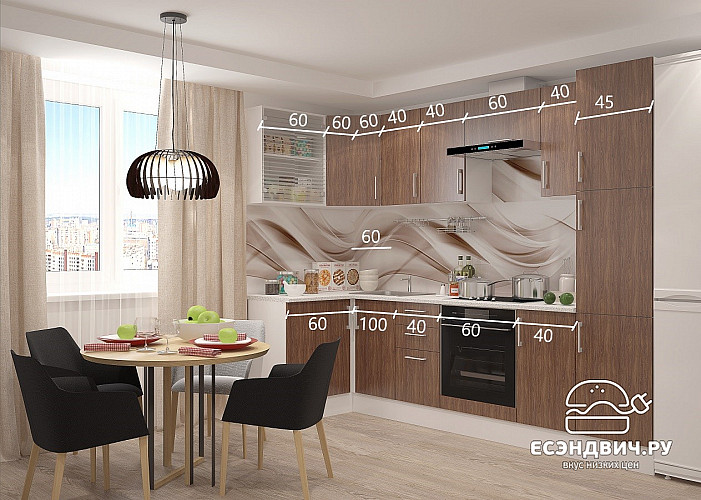 Кухня угловая 1,2х2,85 "Герда" (Морское Дерево/Стекло с рис.) /Gnt/Ep/9