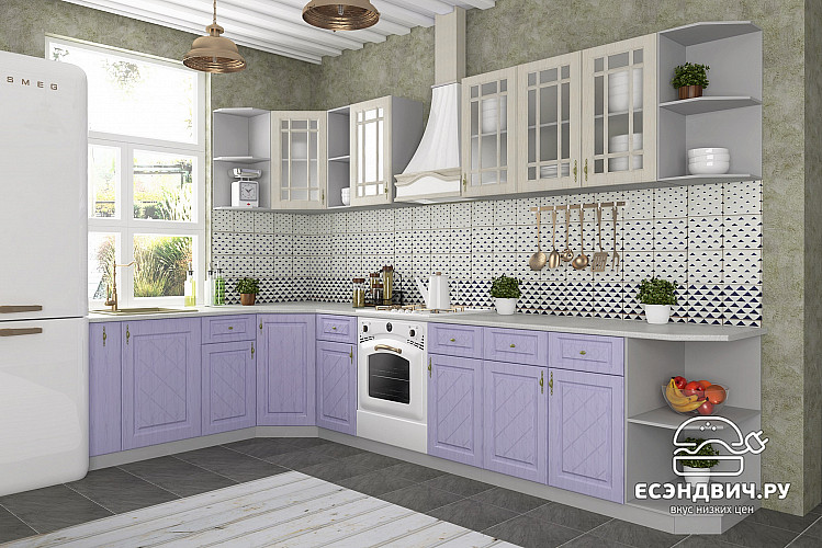 Кухня угловая 2х2,8 правая "Лорен" (МДФ) (Крем/Фиалка) -DSVГР3
