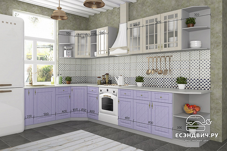 Кухня угловая 2х2,8 правая "Лорен" (МДФ) (Крем/Фиалка) -DSVГР3