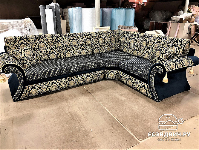 Диван угловой 3,0х2,25 прав.выкатной 2подушки/2накидки Napoleon "Лувр" (Премьер 24/Катар 370-05 ромб+рис./Сутаж/Кисти) Dn/NP/VR