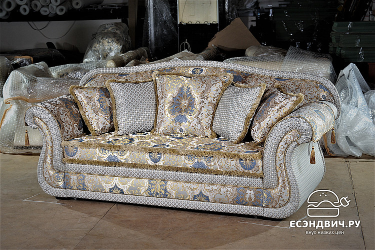 Диван выкатной с 5-ю подушками/2-мя накидками Ekaterina "Лувр" (Бук) (Жаккард Солнце голубой ромб/Сутаж/Кисти/Бахрома) Dn/Ek