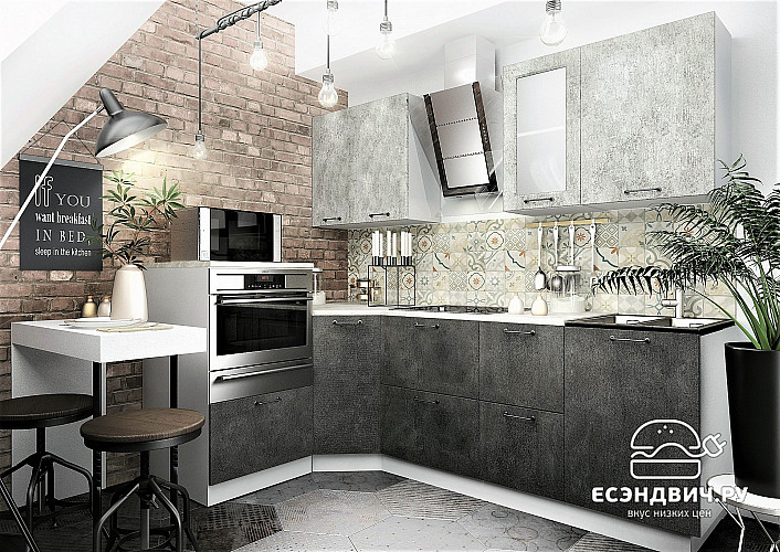 Кухня угловая (универс.угол)1,45*2,35 "The Loft" (МДФ) (Бетон темный/Бетон светлый) /DSV/Lf5