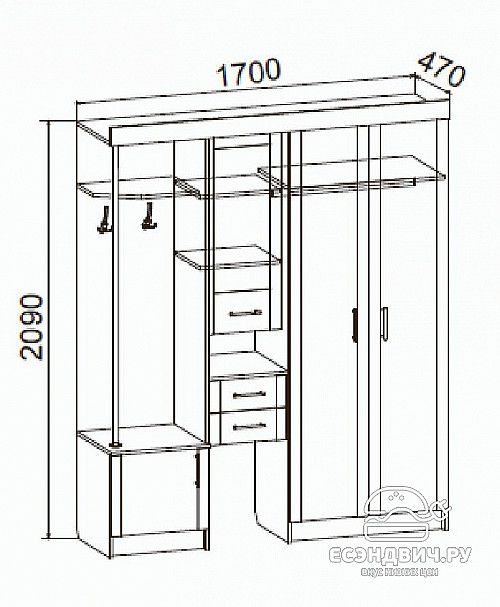 Прихожая с пуфом 1,7 лев. deko "Бруклин" (Ясень тёмный/Ясень светлый/Зеркало) -DSV.Ел