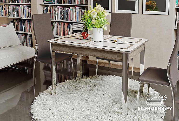 Стол раздвижной "Alba" (Дуб Сонома трюфель/Стекло бежевое с рисунком/Хром) -Tr-Пл