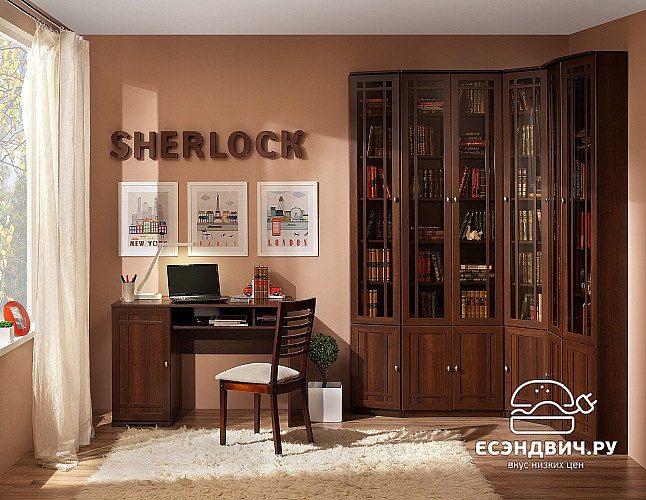 Пенал для книг 345 торц.правый "Шерлок" (МДФ) (Орех шоколадный/Тонир.стекло)Gl/Sh35