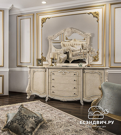 Комод широкий с зеркалом "Джульетта" (МДФ) (Крем Корень глянец/Патина) UgMs