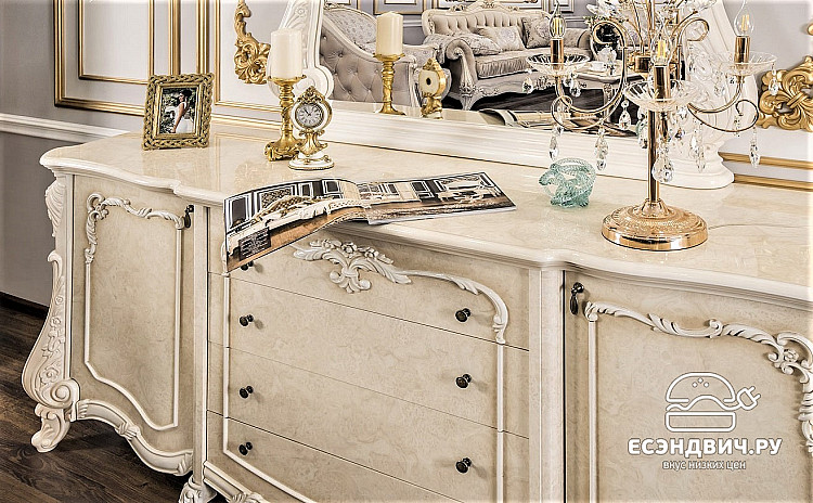 Комод широкий с зеркалом "Джульетта" (МДФ) (Крем Корень глянец/Патина) UgMs