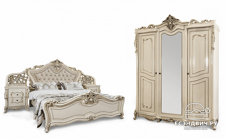 Спальный гарнитур 4 предм. 3ств./1800 "Себастьяно" (МДФ) (Крем глянец/Бархат/Шелкография/Патина/Лак) UgJk/3+180