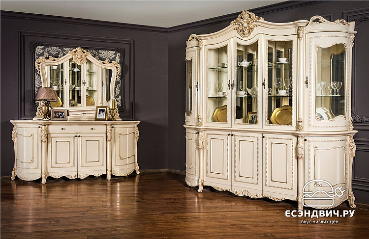 Шкаф 3 ств.1,9 (штанга/полки) "Себастьяно" (МДФ) (Крем глянец/Зеркало/Шелкография/Патина/Лак) UgJk