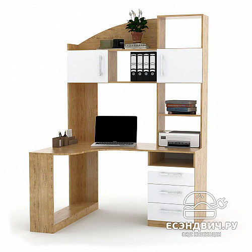 Стол угловой 1,4х1,1 со стеллажом "Брендон" (Дуб Бунратти/Белый глянец) РС-К1