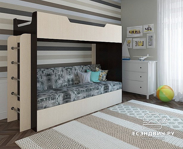 Кровать двухъярусная с диваном "Ричи" (Венге/Бел.дуб/Велюр Рим №1) EsandwichK-11