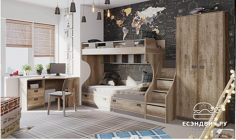 Кровать 2-х ярусная с лестницей "Adventure" (Дуб Каньон светлый/Фон серый ) Em/Pl