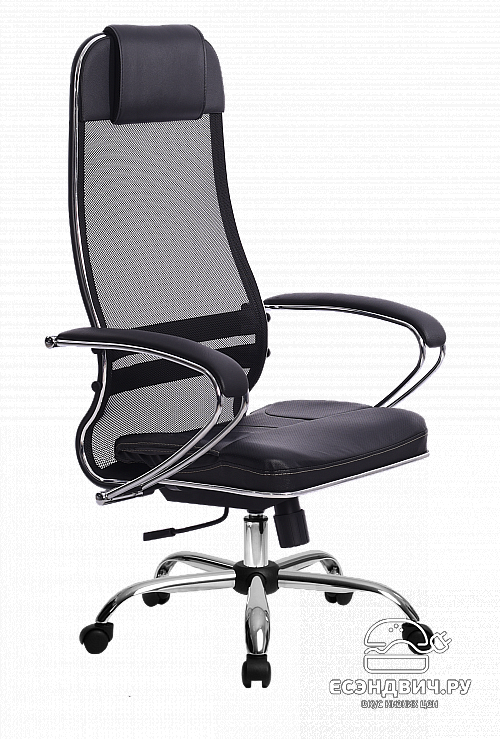 Кресло №5 "Скай" (Ткань-сетка Черная/Кожа NewLeather Черная/Хром)-Mt/SU-1-BK