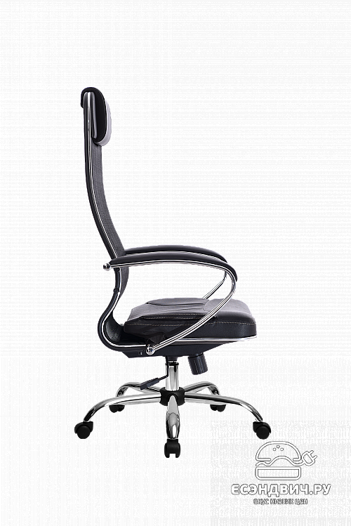 Кресло №5 "Скай" (Ткань-сетка Черная/Кожа NewLeather Черная/Хром)-Mt/SU-1-BK