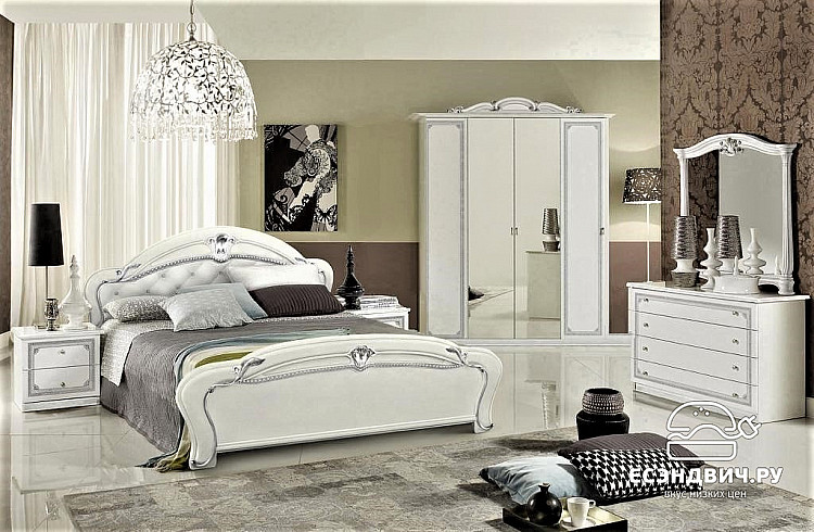 Комод с зеркалом "Орнела" (МДФ/Лак глянец/ППУ) (Белый/Серебро/Глиттер) Mr/Гц34