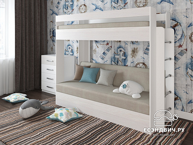 Кровать двухъярусная с диваном "Лаворо" (Белый/Анкор белый/Велюр Vital Ivory (AT)) D