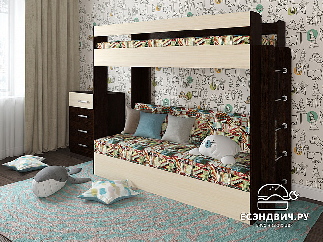 Кровать двухъярусная с диваном "Лаворо" (Венге/Выбеленный Дуб/Велюр Наска 02 (BN)) D