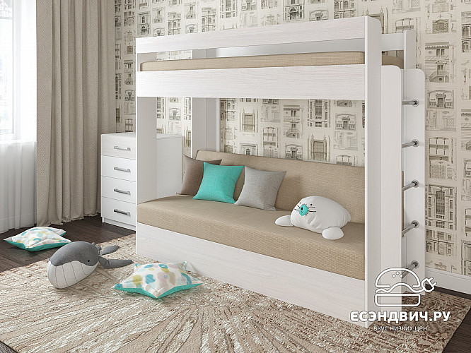 Кровать двухъярусная с диваном "Лаворо" (Белый/Анкор белый/Велюр Vital Sand (AT)) D