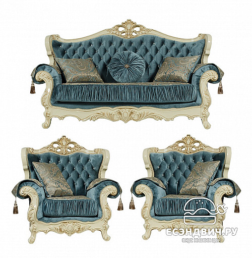 Диван 2-х мест. Luxe "Мона Лиза" (Крем/Бирюза/Бархат/Жаккард/Патина Позолота) Fb1/Esm