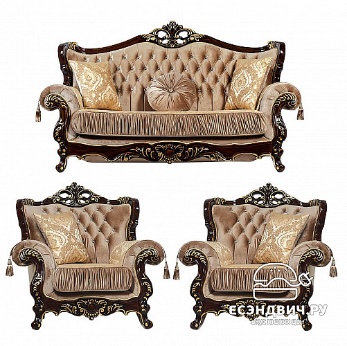 Диван 3-х мест. Luxe "Мона Лиза" ( Орех/Золото/Бархат/Жаккард/Патина Позолота) Fb1/Esm