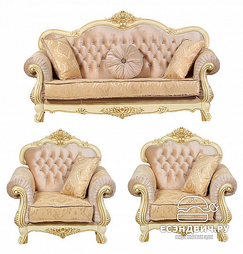 Диван 3-х мест.Classico "Мона Лиза" (Крем/Золото/Бархат/Жаккард/Патина Позолота) Fb1/IL