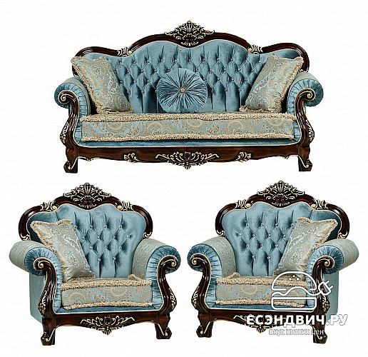 Диван 3-х мест.франц.раскладн.мех.Classico "Мона Лиза" (Орех/Бирюза/Бархат/Жаккард/Патина Позолота) Fb1/IL