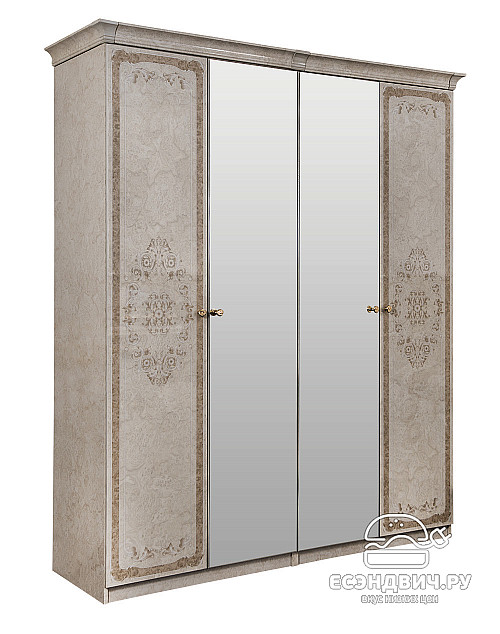 Шкаф 4-х дв. 1,89 "Клео" (МДФ) (Корень крем глянец/Зеркало/Патина/Шелкография/Лак) UgPt