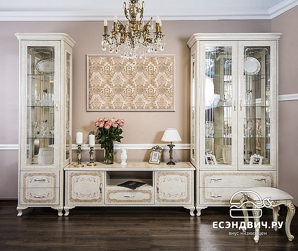 Витрина 2 ств. "Клео" (МДФ) (Корень крем глянец/Патина/Шелкография/Лак) UgPt