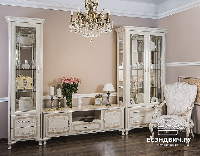 Витрина 2 ств. "Клео" (МДФ) (Корень крем глянец/Патина/Шелкография/Лак) UgPt