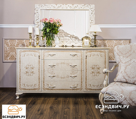 Комод широкий "Клео" (МДФ) (Корень крем глянец/Патина/Шелкография/Лак) UgPt