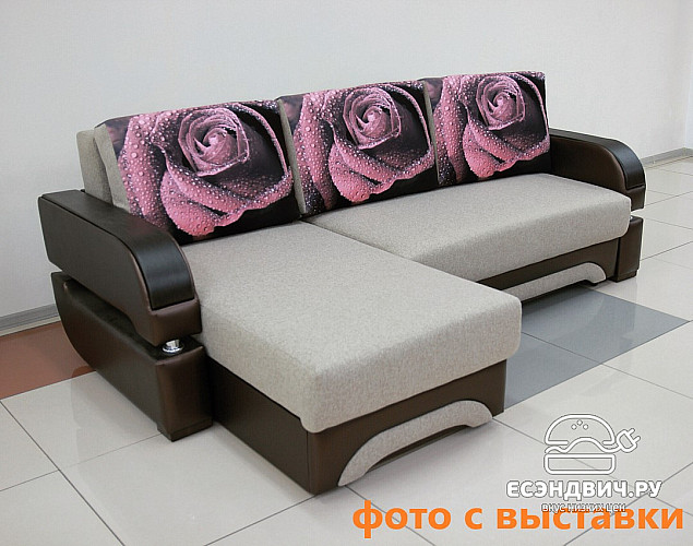 Диван угловой (универс.угол) Диего (Рогожка Alba Cream (AT)Иск.кожа Teos Dark Brown (AT)/Рогожка Alba Cream (AT)//МДФ Венге