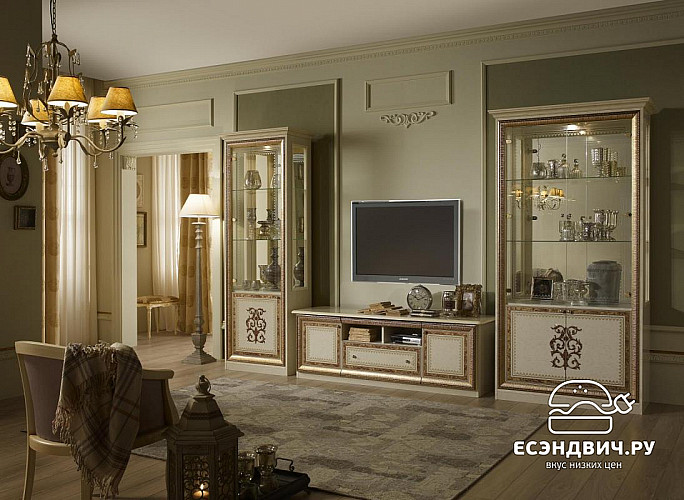 Витрина 1,09 "Сицилия" (МДФ) (Бежевый глянец/Золото/Шелкография/Стекло) Dm/An