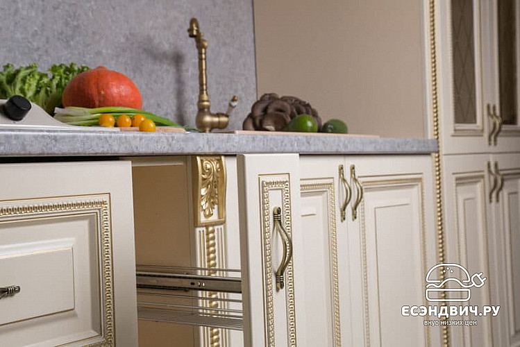 Кухня угловая 4,29х2,33 "Белла" (Бежевый/Золото) (МДФ/Лак) /Sk/Am