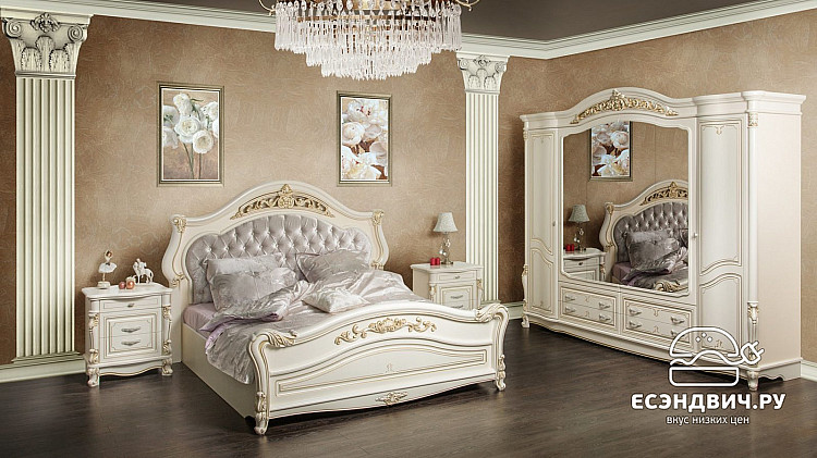 Спальня 6 предм. 6дв./1,8 "Анхелика" (Бежевый/Золото) (ЛМДФ/Лак/Шелкография/Бархат) /Sk/Ksn