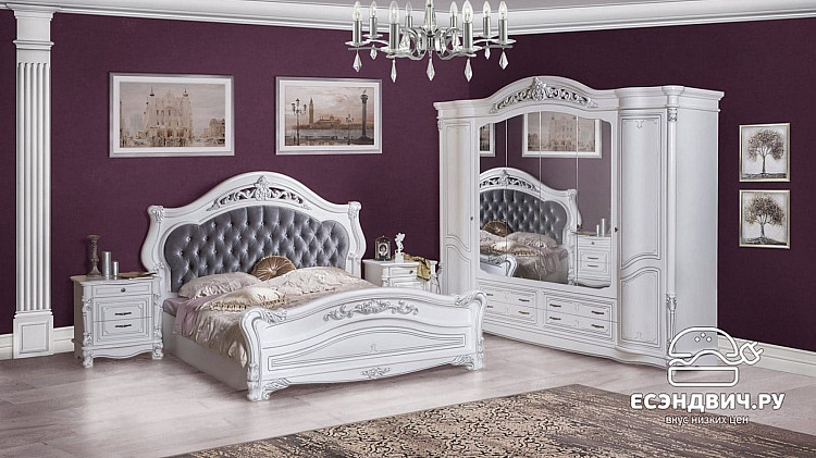 Спальня 6 предм. 6дв./1,8 "Анхелика" (Белый/Серебро) (ЛМДФ/Лак/Шелкография/Бархат) /Sk/Ksn