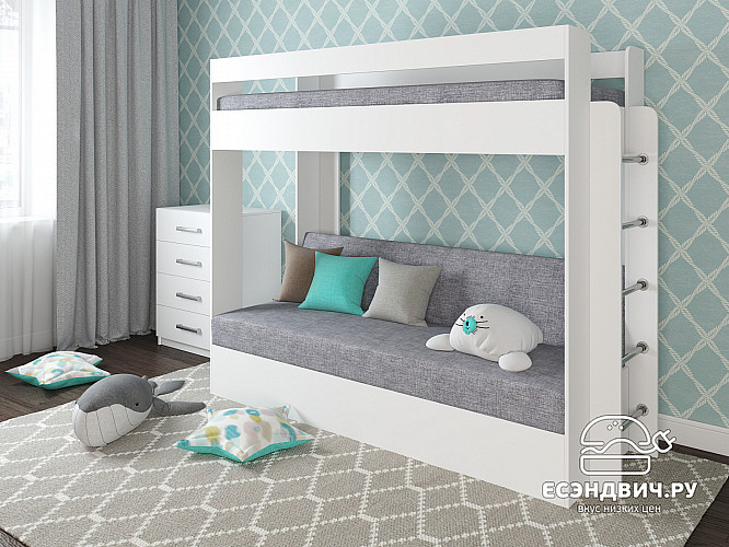 Кровать двухъярусная с диваном "Лаворо" (Белый/Белый/Рогожка Savana Plus Ash (AT)) D