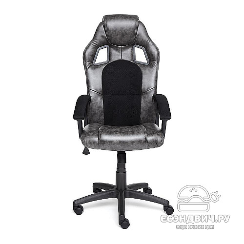 Кресло "Драйв" (Кожзам Серый/Ткань Черная/Пластик Черный) Tch/12863