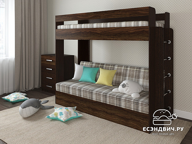 Кровать двухъярусная с диваном "Лаворо" (Венге/Олива шоколад/Жаккард Лестер Ф01 (BN)) D