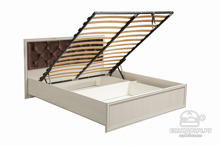 Кровать 1600 с подъемн.мех. "Винсент" (Вудлайн кремовый/Профиль Аруша венге с патиной/Велюр Шоколад) -Ол/Гб 06.02-03