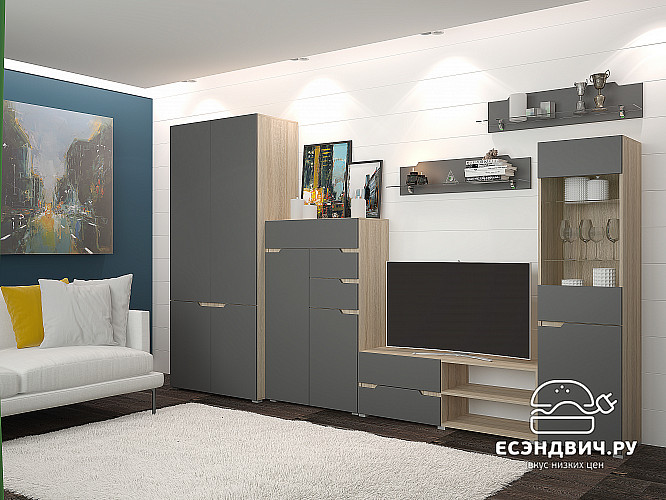 Гостиная 1,65 "Атланта" (МДФ) (Сонома/Графит софт/Стекло) /Gnt/Ант1