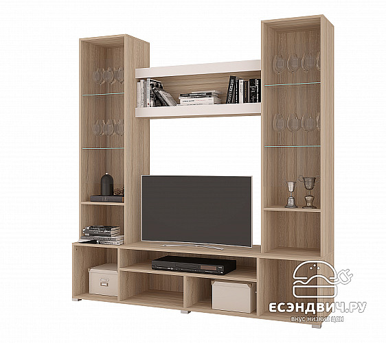 Гостиная 1,8 "Атланта" (МДФ) (Сонома/Белый софт/Стекло) /Gnt/Ант2