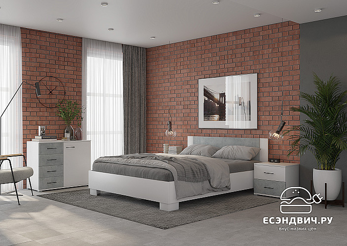 Кровать 1600 "Невада" (МДФ) (Белый/Бетон) /Gnt/Nv