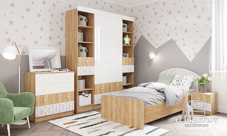 Кровать 900 "Остин" (Дуб Бунратти/Белый с рис.) -DSV/СК/КРД 900.1