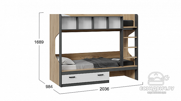 Кровать двухъярусная "Rico"(Яблоня Беллуно/Белый глянец/Матера)-Tr-Рк