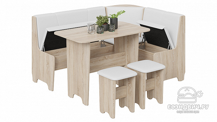 Кухонный уголок "Solar" (Дуб Сонома/Экокожа белая) -Tr-Тх