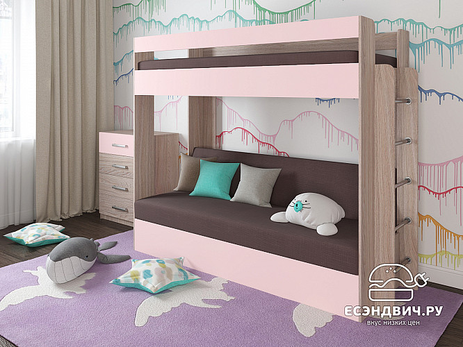 Кровать двухъярусная с диваном "Лаворо" (Анкор светлый/Розовый кварц/Велюр Vital Java (AT)) D